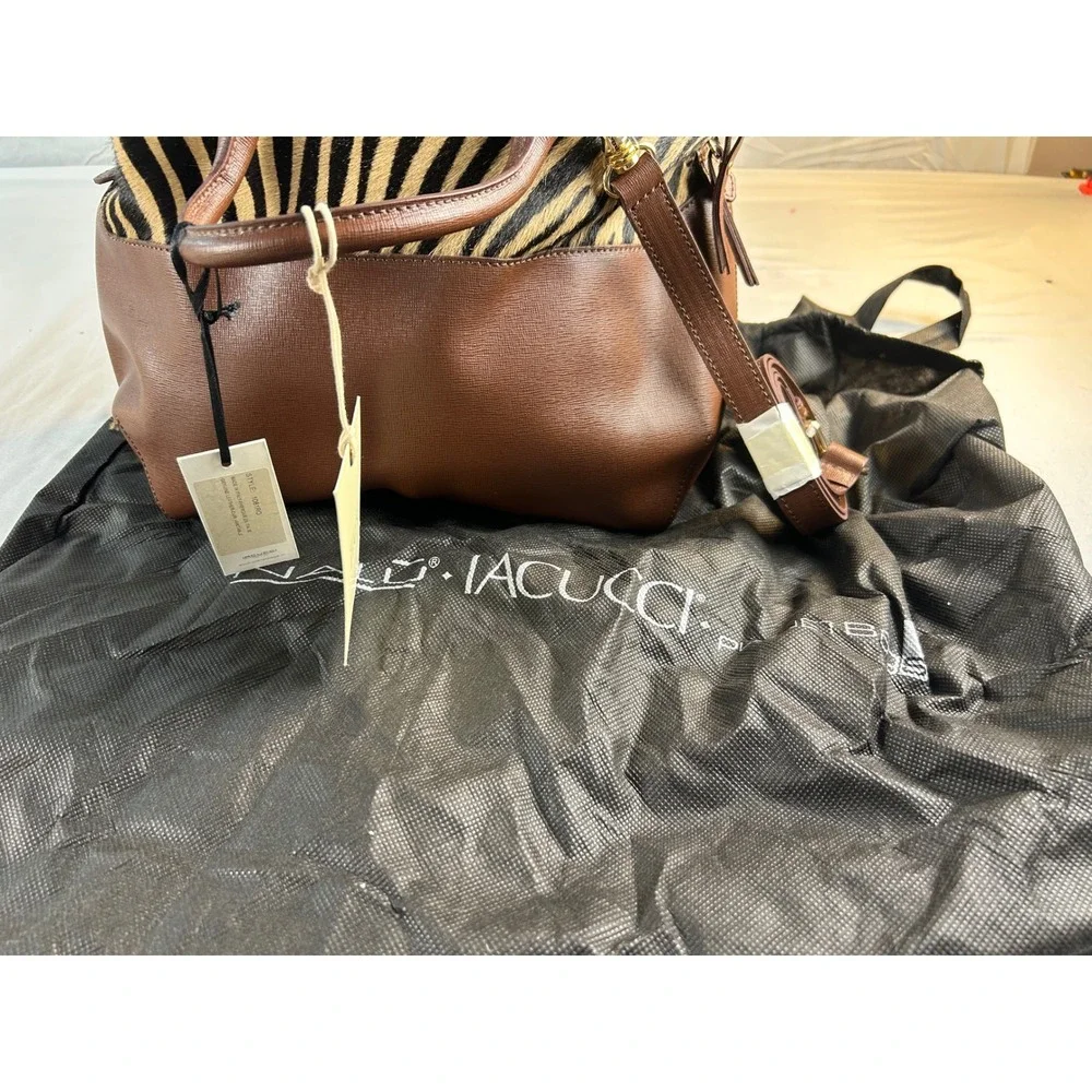 IACUCCI Italy Brown Leather‎ Zebra Print Calf Hair Satchel Handbag 1081RD NWT